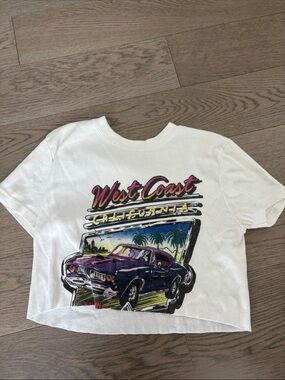Brandy Melville White 'West Coast' Graphic Crop Tee with Purple Car